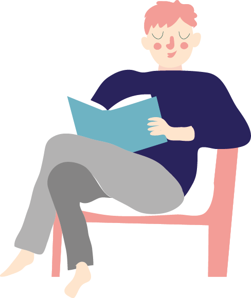 Kuvituskuva ihmishahmosta istumassa tuolilla ja lukemassa kirjaa.