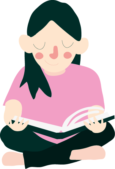 Kuvituskuva, jossa ihmishahmo istuu risti-istunnassa ja lukee kirjaa.