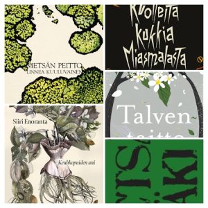 Kollaasi Kuvastaja-palkintoehdokasteoksien kansista.