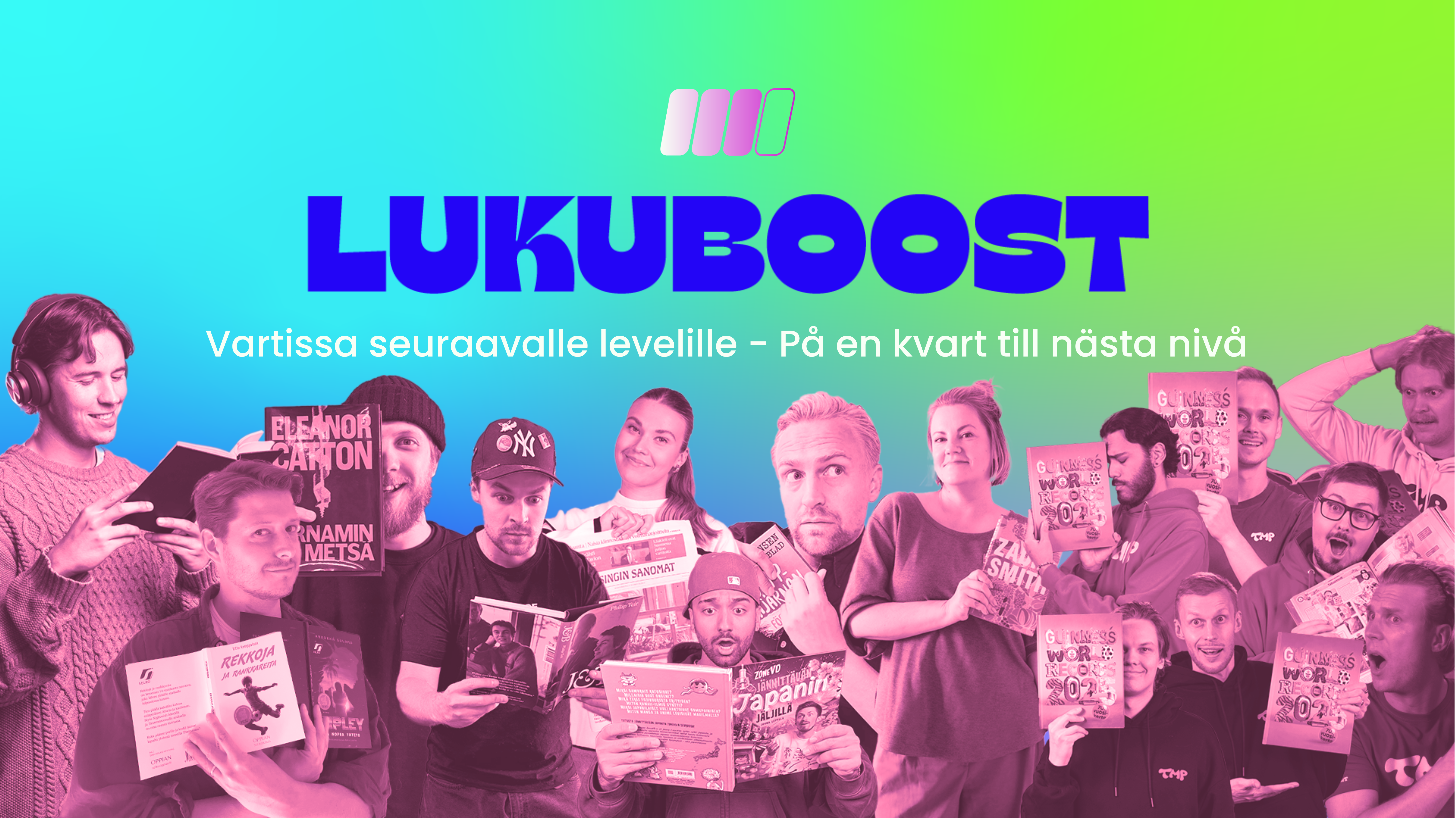 Lukuboost-kampanjan mainoskuva, jossa näkyvät kaikki mukana olevat vaikuttajat.