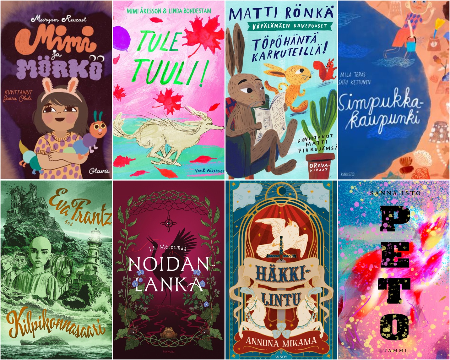 Kollaasi, jossa on ilmestyvien kirjojen kansikuvia.