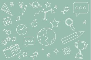 Kuvituskuvassa liitutaululle piirrettyjä kuvioita, kuten maapallo ja omena.