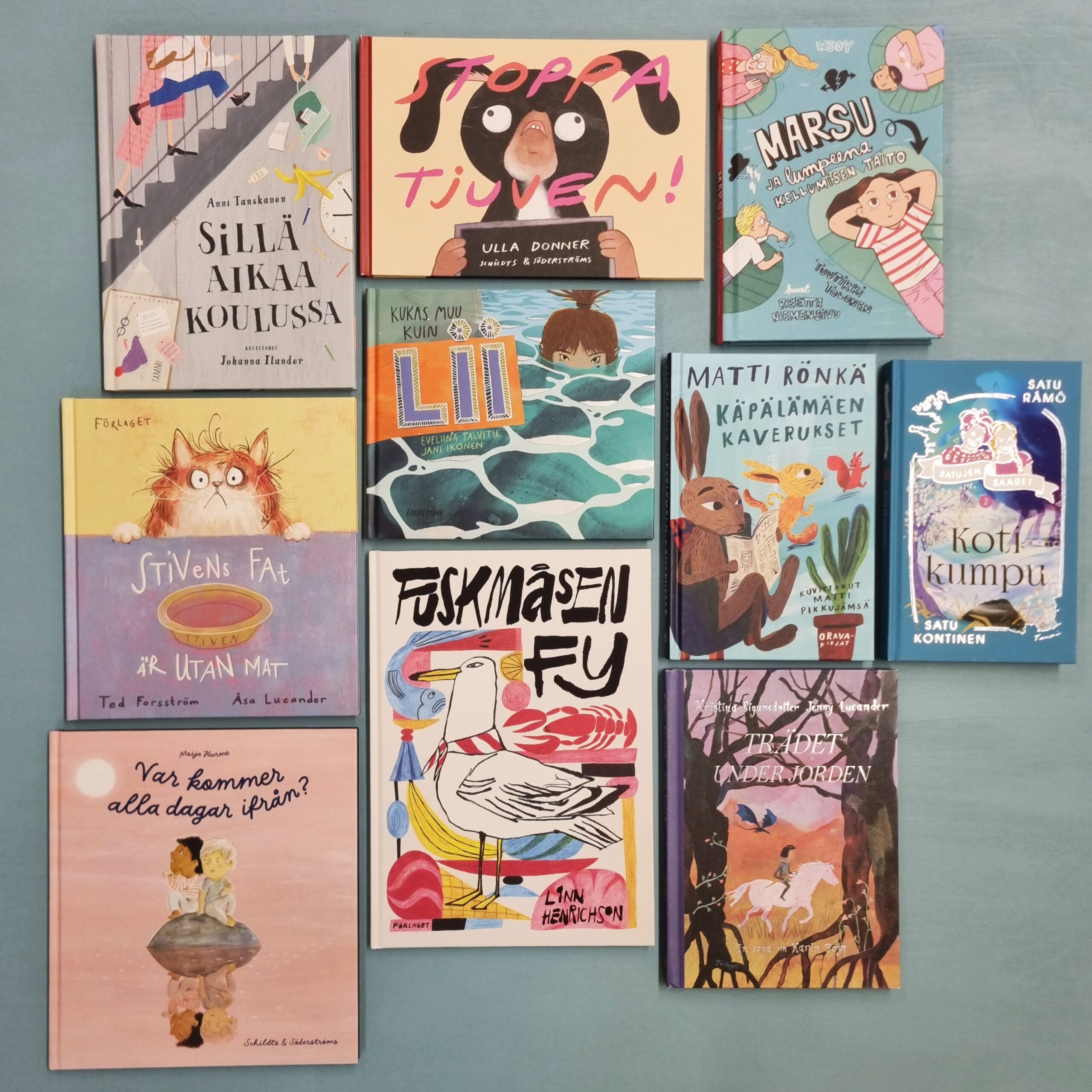 Kuvassa Runeberg Junior -palkinnon ehdokaskirjat.