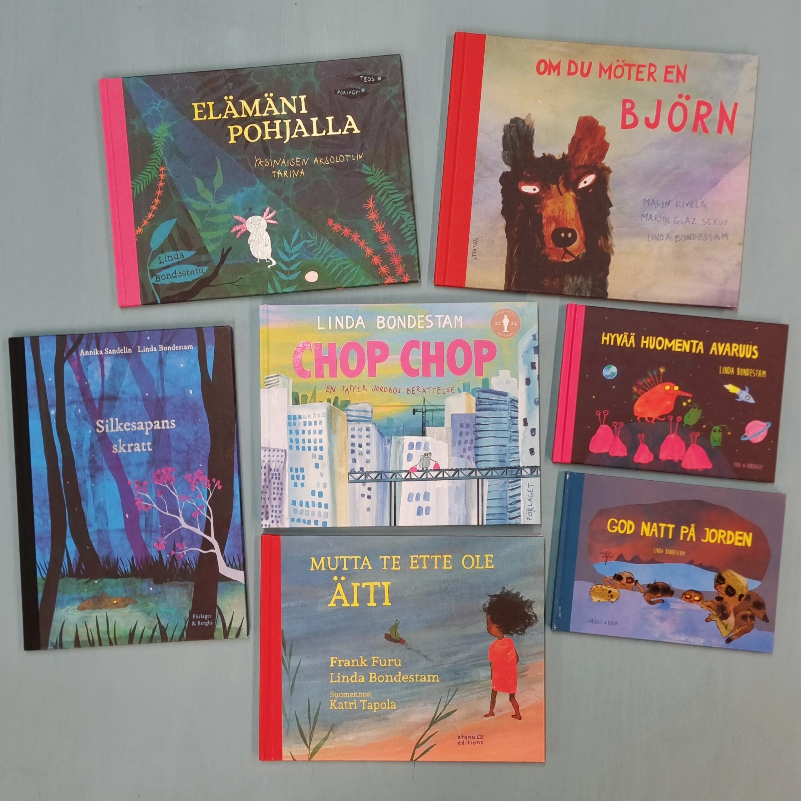 Kuvassa Linda Bondestamin kuvittamia kuvakirjoja.