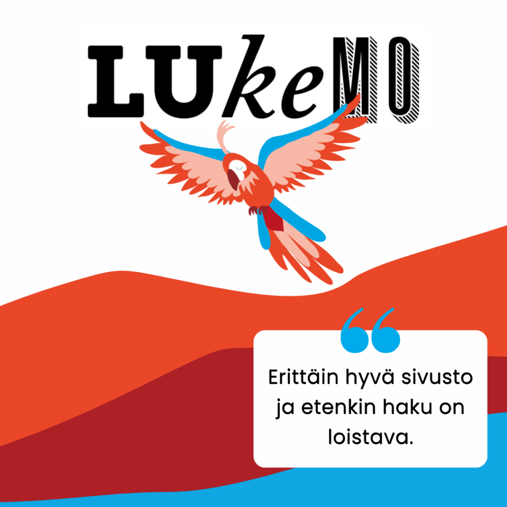 Lukemo-logo ja papukaijakuvituskuva. Taustalla värikästä elementtiä.